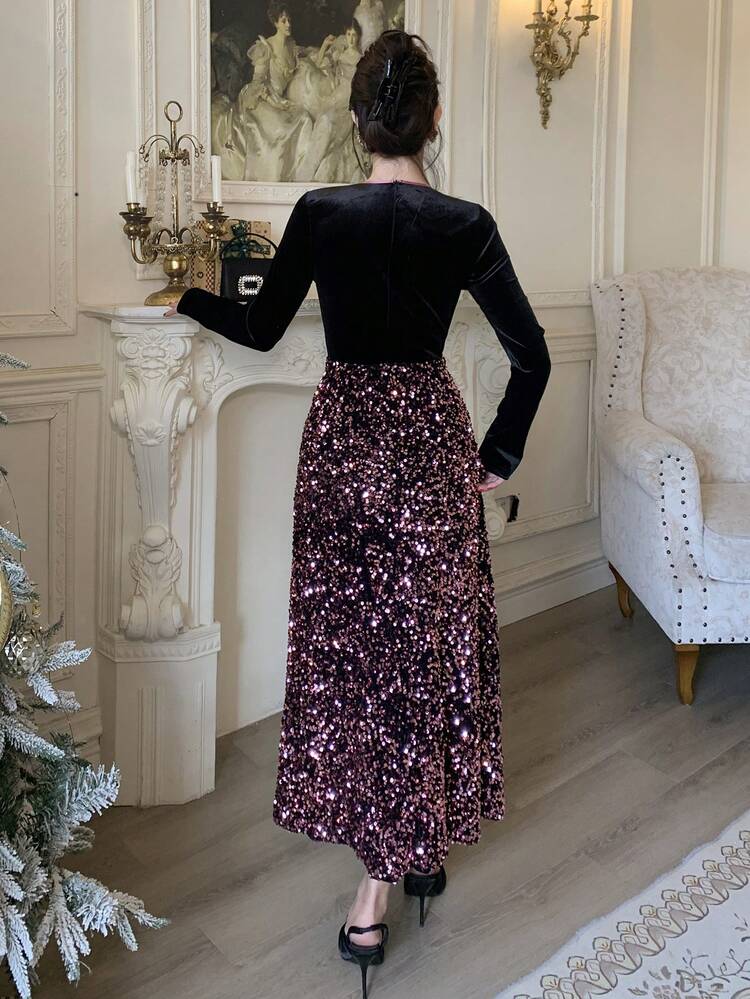 Women's Sequin Patchwork Flounce Midi Dress, Autumn/Winter Elegant Women Dresses Prom Dress Sparkly Dress