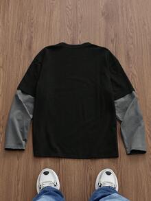 SWAVVY Men's Knit Casual Daily Young English Print Patchwork Loose Long Sleeve T-Shirt Knit Long Sleeve Tee Black And Grey Graphic Tee Mens Long Sleeve T-Shirt - Black - View 4