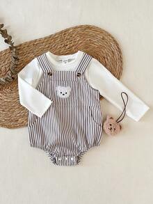 SHEIN 2pcs/Set Baby Boys Round Neck Long Sleeve White T-Shirt + Striped Bib Pants With Bear Embroidery And Pockets Bodysuit, Casual Retro Cute Outfit, Suitable For Spring/Autumn Outings Or Vacation - Black and White - View 9