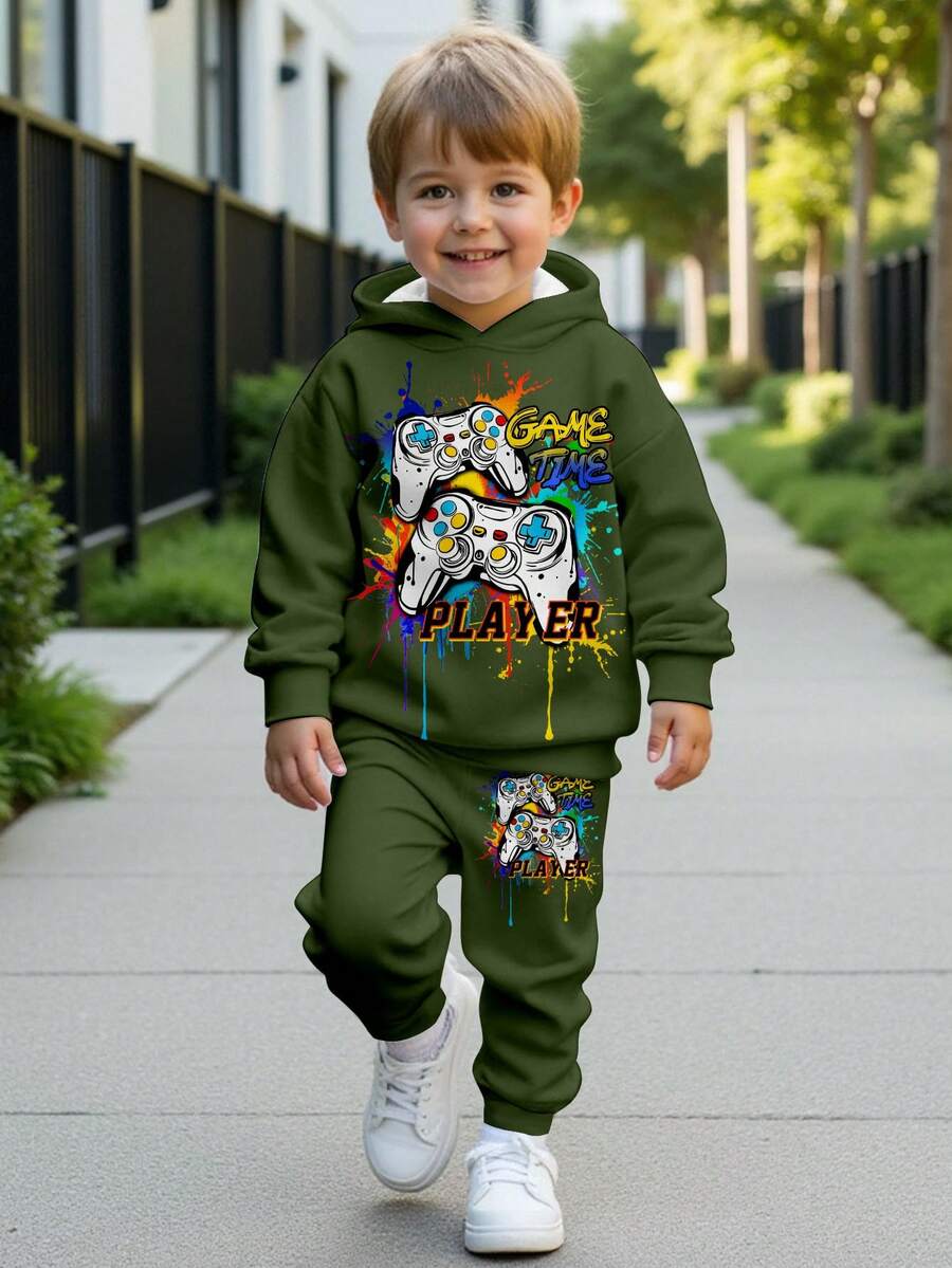 SHEIN 2pcs/Set Boys Loose Casual Comfortable Long Sleeve Hoodie Sweatshirt Set, Suitable For Autumn/Winter, Classic Gamer Splash Game Controller & Colorful Text Graphic Print - Multicolor - View 1