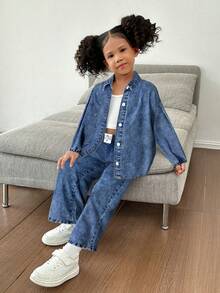 SHEIN 2pcs/Set Young Girl' Blue Denim Lapel Long Sleeve Shirt & Loose Fit Pants,Fall Clothes,Winter Clothing ,Casual And Fashionable Vacation Outfits,2000s Style  ,Christmas Clothing, Young Girl A Loose And Comfortable Shirt Suit,Girl Denim Set , Shirt Suit  Set - Light Wash - View 7