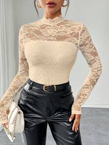 Selianne Women's Elegant Stand Collar Fitted Lace Long Sleeve T-Shirt - Apricot - View 3