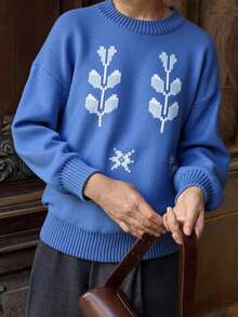 Vivie Lora كنزة صوفية كاجوال مريحة للنساء بياقة مستديرة وأكمام طويلة، بنمط نباتي مُحبوك، وكتف منخفض، مناسبة للخريف والشتاء - الأزرق - مشاهدة 1