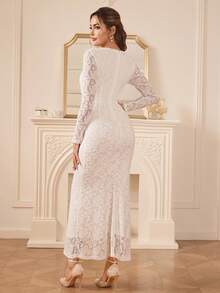 Amorya Đầm trắng thanh lịch dành cho nữ, cổ vuông, tay dài, chất liệu jacquard, dáng ôm sát, xếp ly, tà đuôi cá, thích hợp mặc hàng ngày, hẹn hò, dự tiệc vào mùa thu, đông, đầu xuân, cũng như các dịp lễ tình nhân. - trắng - Xem 2