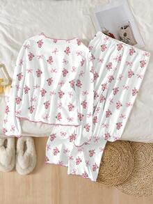 少女两件套睡衣，白色蝴蝶碎花T恤配粉色荷叶边，针织裤配荷叶边裤脚，休闲家居服 - 白色 - 查看 2