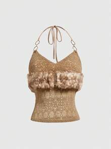 ROMWE Hippie Women's Y2K Baddie Vintage Sexy Music Festival Hollow-Out Furry Patchwork Knit Detail Halter Neck Camisole - Brown - View 1