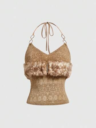 Hippie Canotta donna stile Y2K, vintage, sexy, per festival musicali, con dettagli lavorati a maglia, scollo alla halter e parti in pelliccia