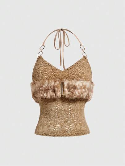 Hippie Damen Y2K Baddie Vintage Sexy Musik Festival Cut Out Pelz Patchwork Strick Detail Trägertop