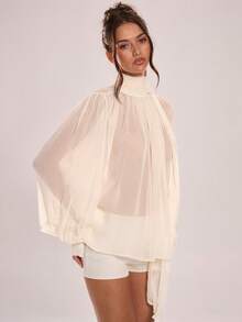 Avenya 夸张褶裥立领长领衬衫，性感轻薄透视上衣搭配优雅围巾，简约休闲办公衬衫，高端百搭宽松灯笼袖宫廷风衬衫，时尚拼接袖口设计，肯达尔风格，是新年、优雅、时尚、正式和外出场合的理想之选。 - 杏色 - 查看 3