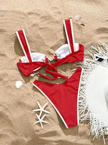 Swim SXY 2pcs/Set Solid Color High Cut Bikini Set, Fashion Hot Selling Summer Beach Vacation Swimsuit - Red - View 4