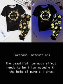 2pcs/Set Snug Fit Teenage Boys Graffiti Cartoon Print Glow-In-The-Dark Casual Comfortable Crew Neck Short Sleeve Tight Top And Pants Loungewear Set Glow In The Dark Pjs Boys Pajama Set Teen Boy Clothes 2 Piece Set  .This Product Requires UV Light Exposure To Glow. - Multicolor - View 8