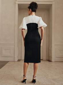 Anewsta Đầm kiểu dáng thanh lịch cổ điển tay phồng ôm sát người, phong cách retro hiện đại. - Đen và trắng - Xem 2