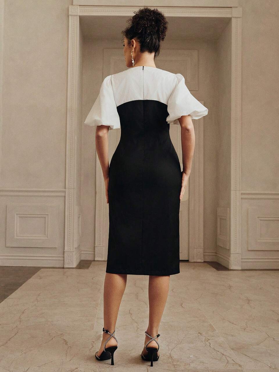 Anewsta New Elegant Vintage Puff Sleeve Fitted Retro Modern Dress