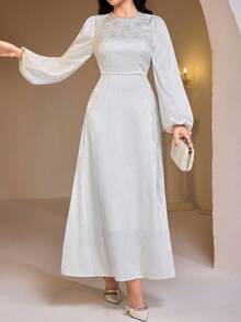 Veilorie Women's Jacquard Round Neck Zipper Waist Elegant Party Long Sleeve Arabic Dress - White - View 1