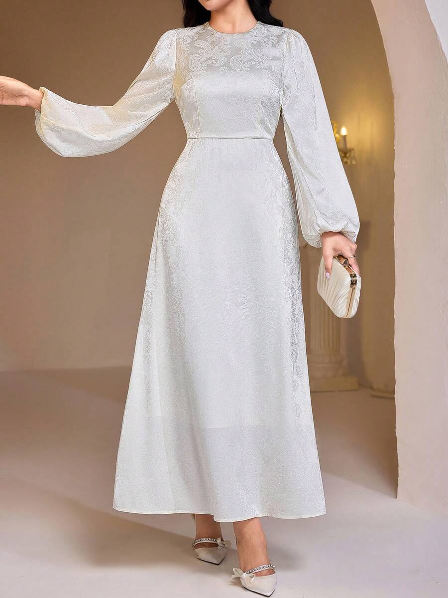 Veilorie Women's Jacquard Round Neck Zipper Waist Elegant Party Long Sleeve Arabic Dress - White - View 1