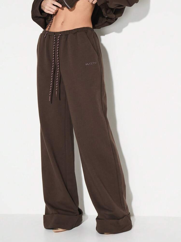 KIZN Women's Relaxed Fit Turn Up Hem Drawstring Waist Casual Joggers With Side Pockets Comfortable Loungewear Pants