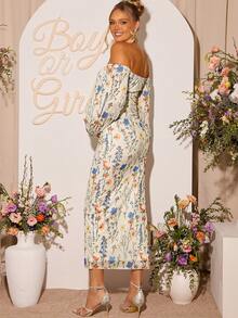 Loomaby 孕妇优雅印花露肩长袖连衣裙，秋季 - 彩色 - 查看 2