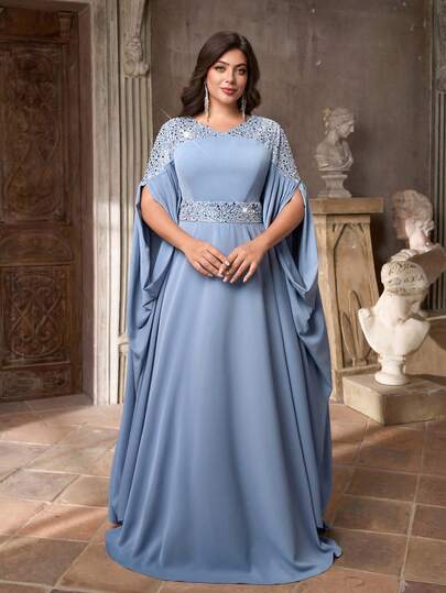 Aureia Plus Size Elegant Lyxig Blå V-ringad Asymmetrisk Utsvängd Ärm Paljett Patchwork A-linjeformad Fåll Formell Aftonklänning, Höst/Vinter