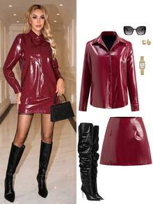 Ellevyn 一套前扣休闲时尚酒红色PU衬衫和迷你裙 - 酒紅色 - 查看 10