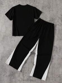 Coolqubz Teenager Boys' Casual Minimalist Cross Print Round Neck Short Sleeve T-Shirt And Colorblock Straight Leg Pants Set, Suitable For Spring/Summer, Outdoor, Party 14 Years Boy 2 Piece Set Boys Athletic Set Gamer Boys Jogger Sets 2 Piece Pants Set Teen - Multicolor - View 2