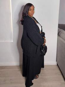 Truni Áo khoác cardigan dài tay đơn hàng thùng màu trơn cho nữ, dáng rộng, vai trễ, mùa thu/đông - màu đen - Xem 4