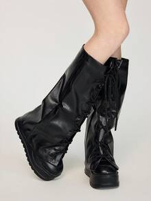 ROMWE Kawaii 1 Pair Of Punk Style Leather Socks, Niche Design Drawstring Strap Boot Cover, Four Seasons Locomotive Style Socks, Personalized Street Style Leg Cover - Black - View 6