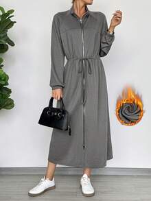 EMERY ROSE Casual Drawstring Long Zipper Waist Cinched Lightweight Jacket, Autumn/Winter - Grey - View 1