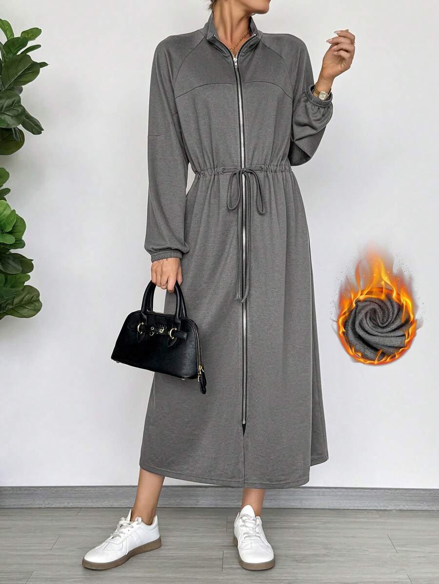 EMERY ROSE Casual Drawstring Long Zipper Waist Cinched Lightweight Jacket, Autumn/Winter - Grey - View 1