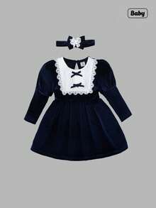 Sweetra Vestido de veludo com manga bufante e babados florais para meninas, com faixa na cabeça, fofo e elegante para o dia a dia, férias, uso casual - Azul marinho - Ver 1