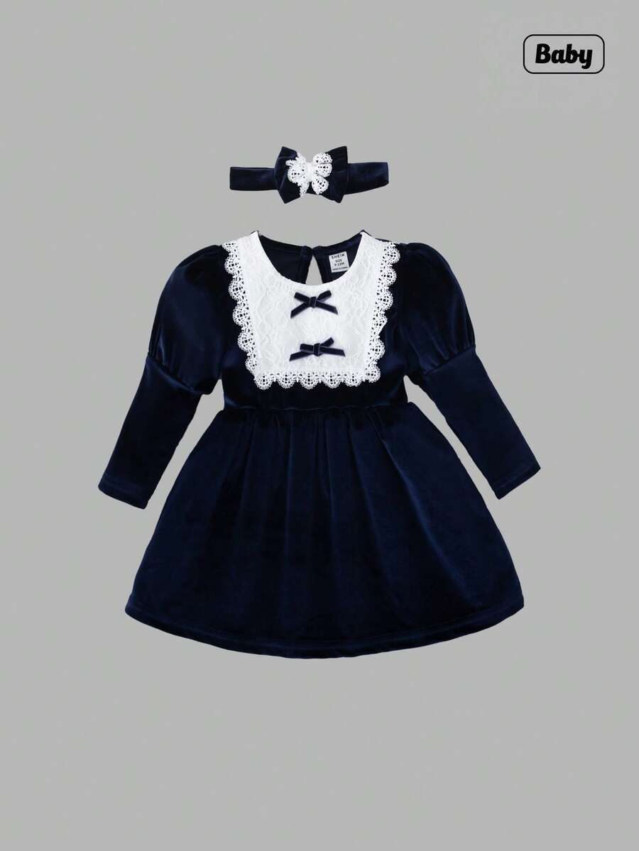 Sweetra Vestido de veludo com manga bufante e babados florais para meninas, com faixa na cabeça, fofo e elegante para o dia a dia, férias, uso casual - Azul marinho - Ver 1