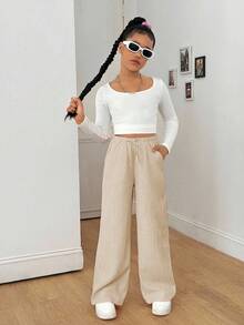 Sparklyn 2pcs Girls Casual Loose Wavy Pleated Wide Leg Pants, Versatile For Pairing With T-Shirts, Hoodies, Jackets, Suitable For All Seasons - Multicolor - View 5