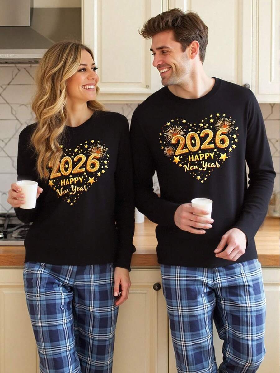 Velminro 新年快樂 男士圓領長袖休閒舒適圖案居家上衣,情侶套裝搭配 - 黑色 - 查看 1