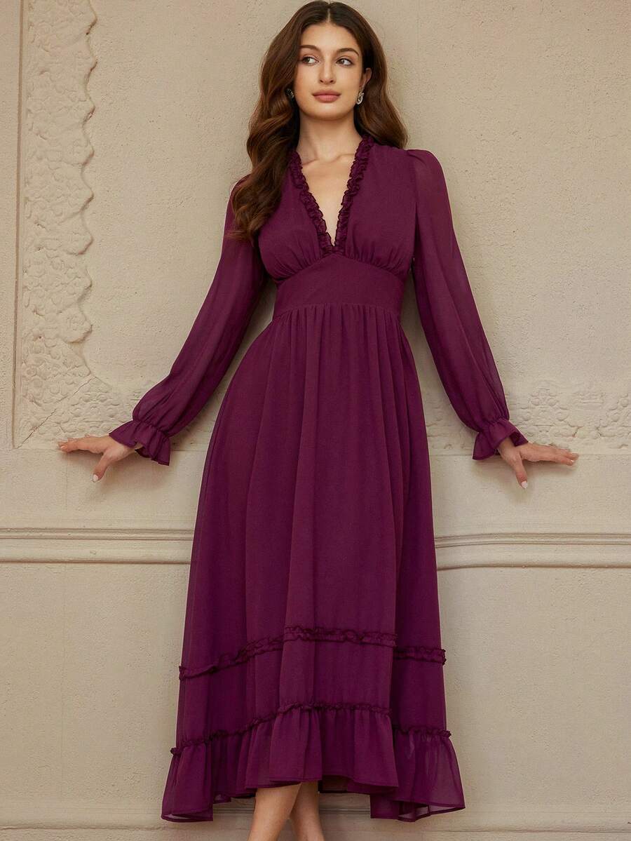Revavyn Fashionable Design Elegant Versatile Sexy Deep V Solid Color Ruffle Trim Long Sleeve Dress - Purple - View 1