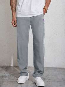 Manfinity Homme Men's Sporty Casual Wear, Featuring An INS-Style Package Of Straight-Leg Casual Pants With A Simple Woven Label Design That Offers Great Value. These Pants Have A Drawstring Design, Making Them Suitable For Music Festivals And Everyday Wear, For Fall - Grey - View 5