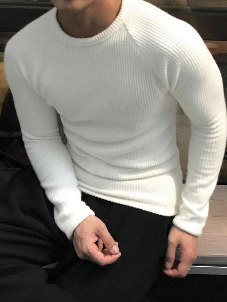 Men's White Textured Fabric Basic T-Shirt, Spring