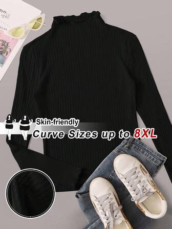 SHEIN CURVE+ 大码女式黑色高领长袖T恤，秋季基础款上衣