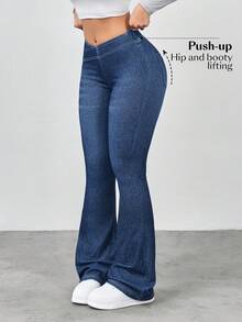 SHEIN Essnce 女士休闲日常通勤时尚百搭弹力腰喇叭牛仔裤 - 藍色 - 查看 5