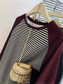 SHEIN 新款女士秋冬条纹柔软舒适撞色插肩袖圆领卫衣 - 彩色 - 查看 3
