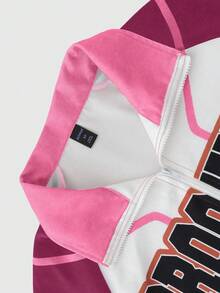 ROMWE MEN Prep Spring Casual Graphic Pink Men'S Contrast Color Graffiti Pattern Zip-Up Long Sleeve Jacket - Multicolor - View 3