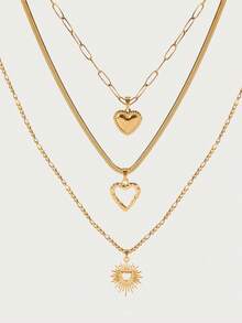 Glisma 3 件不锈钢金黄色爱心系列 3 种不同款式的项链和吊坠，长度可调节，可堆叠或单独佩戴，适合日常装饰或送礼情人节、妈妈、母亲、母亲节、礼物 - 金黃色 - 查看 2