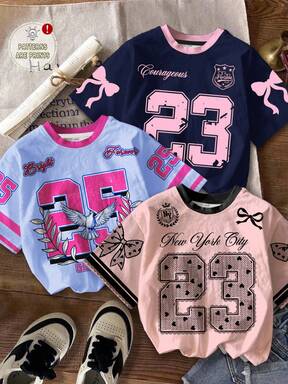 3pcs Young Girl Casual Cute Bow, English Number 23 Print, Number 25 Pattern, Sporty Chic, Sweet & Cool Sporty Style, Lace Bow Decor, Number 23 Design, Round Neck Short Sleeve Basic T-Shirt Suitable For Spring/Summer, Statement Tops, Kids Graphic T-Shirts, Princess Chic, Easy Comfort, Casual Wear SS, Fun Bottoms, Cozy Feel, Whimsical, Basics, SS Korean Style, Bow-Knot, Vacation Relax, Back To School-Kids