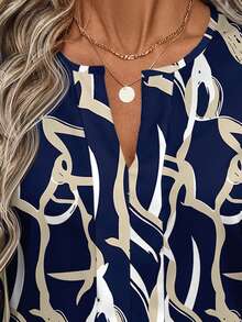 EMERY ROSE Women's Casual Everyday/Vacation Loose Fit Notch Collar Lantern Sleeve Allover Print Blouse, Spring/Autumn Spring - Navy Blue - View 7