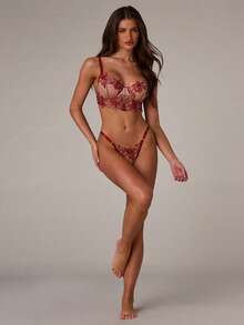 SHEIN BAE Bộ đồ lót gợi cảm màu da 2 món cho nữ - Màu đỏ tím - Xem 9