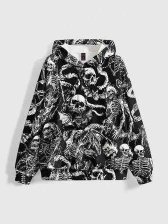 Kapuzen-Sweatshirt mit dunklem Totenkopf-Motiv, Gothic-Stil, mystisch dunkel, Große Größen