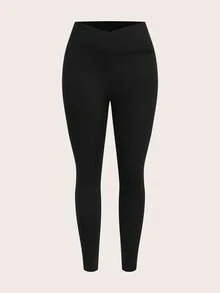 SHEIN EZwear Damskie asymetryczne legginsy termiczne z wysokim stanem i jednolitym kolorem, dopasowane, swobodne, odpowiednie do jogi, uprawiania sportu, eleganckie, na jesień/zimę - Czarne - Zobacz 5