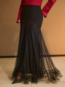 MOTF PREMIUM 女士长款百褶裙，罗马布和网纱拼接 - 黑色 - 查看 4