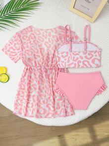 Young Girls Swimsuit Set, Cute Pink Leopard Print 3 PiecesSwimsuit, Fashionable Casual Elegant Suitable For Swimming, Vacation, Summer Three Piece Swimsuit Set Girls Summer Mesh Two Piece Bikini With Cover Up 3pcs Set Bikini With Sarong Skirt Pink Leopard Print Swimsuit Girls Matching Sets Vacation Girls Summer Swimwear Bikini Set With Sarong Skirt Summer Vacation Thermal Christmas Holiday Festival New Years Valentines Swim 
رمضان
عباياتabaya جلابياتjalabiya جلابيه Girls Summer Swimsuit Three-Pi Tied Waist Slim Fit Swimwear