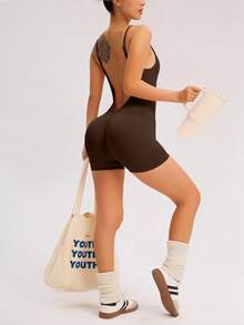 Easithlete Women's Solid Color Open Back Camisole And Bike Shorts Jumpsuit, For Daily Workout For Chinese New Year - Coffee Brown - View 5