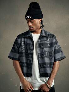 AXEPEAK 男士条纹字母印花拉链休闲短袖衬衫 - 彩色 - 查看 2