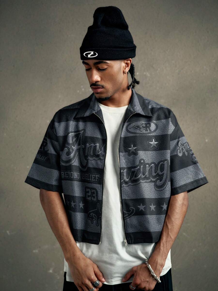 AXEPEAK Men's Striped & Letter Print Zip-Up Casual Short Sleeve Shirt - Multicolor - View 1